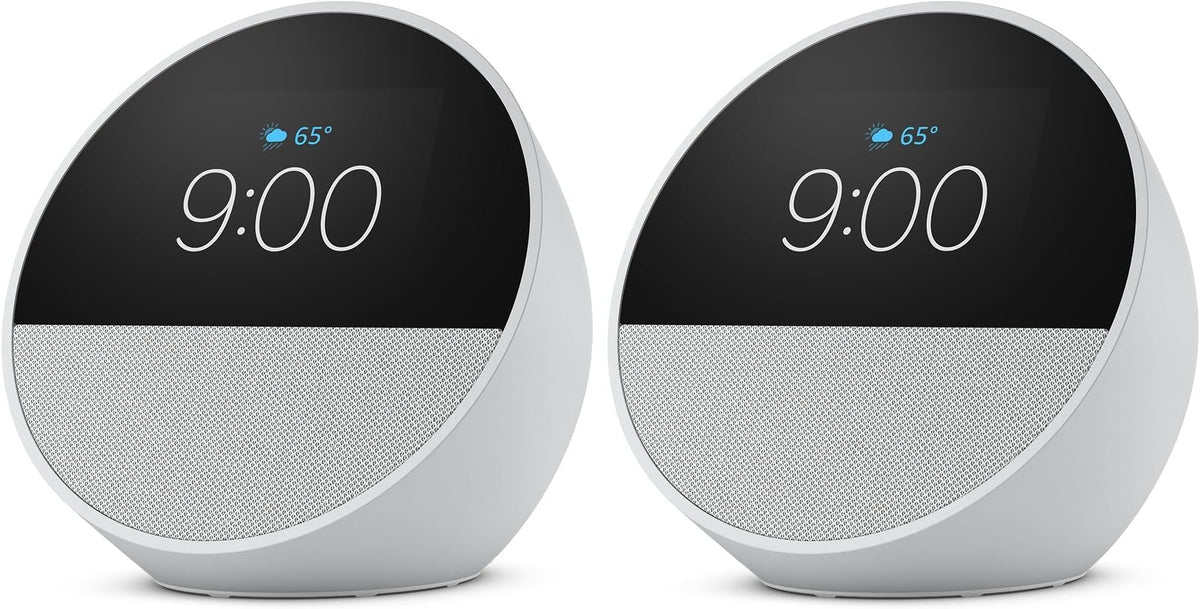 Amazon Echo Spot (newest model), Great for nightstands, offices and kitchens, Smart alarm clock, Designed for Alexa+, Glacier White (Pack of 2)
