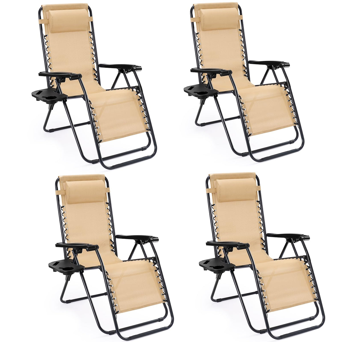 Sweetcrispy Zero Gravity Chairs, Set of 4 Portable Recliner Beach Camping Patio Outdoor Folding Lounge Chair with Cup Holder Trays and Adjustable Pillow for Poolside, Garden, Backyard, Lawn, Blue