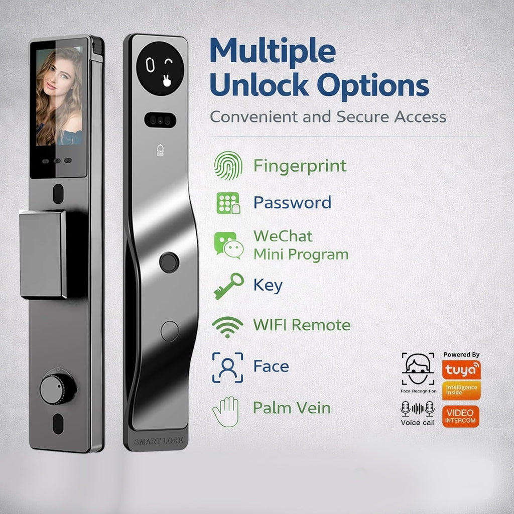 Zonixtec 3D Face Recognition Smart Lock with Camera, AI Palm Vine & Biometric Fingerprint Entry, Tuya App Remote Control, Digital Touchscreen Keypad, 6068 Mortise, Gray Aluminum Alloy