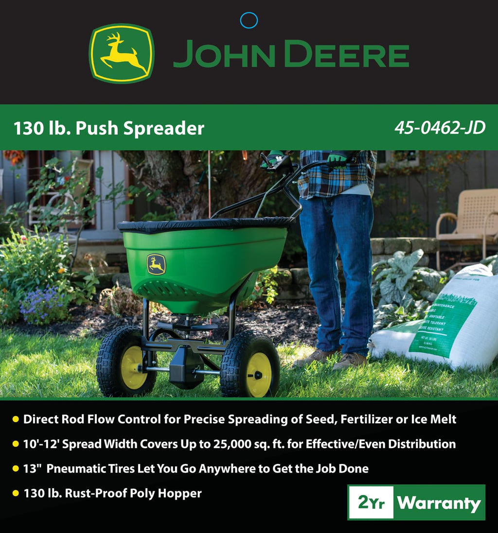 John Deere Push Broadcast Spreader for Fertilizer, Grass Seed and Ice Melt, 130 lb Capacity Lawn & Garden Spreader with 12 Ft Spread Width