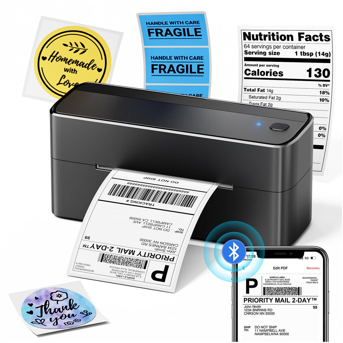 Phomemo Bluetooth Thermal Shipping Label Printer with Holder & 500pcs Label