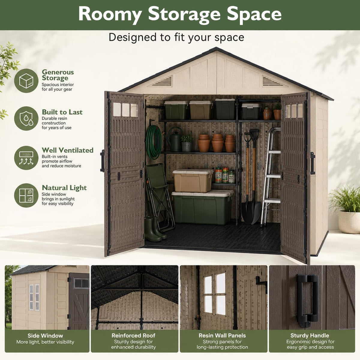 Aoxun 8x6 Ft Outdoor Storage Shed with Floor, Large Resin Outdoor Shed with Lockable Door & Windows, Garden HDPE Sheds for Lawn Tools, Pool Supplies & Bikes