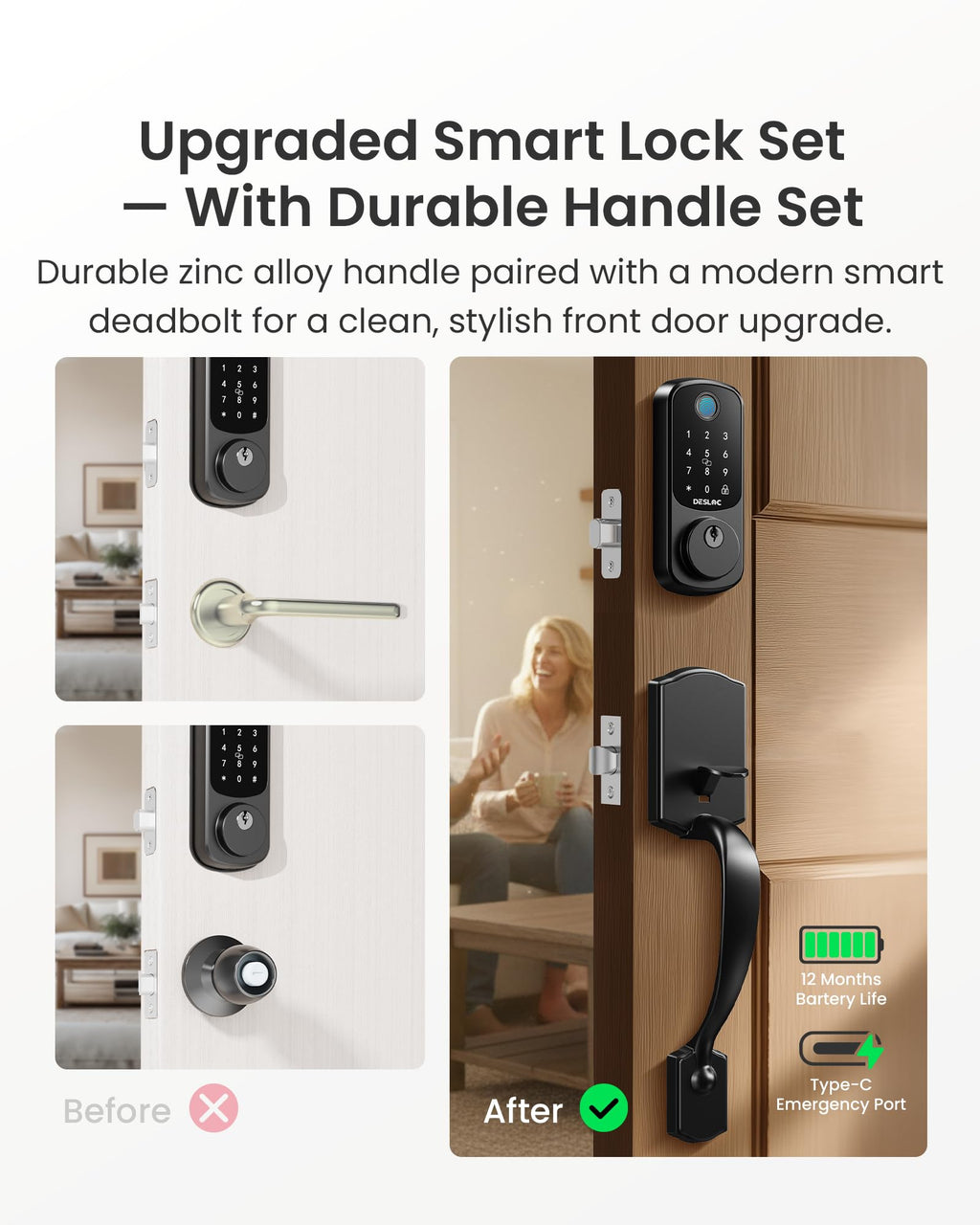 DESLOC B200 Smart Front Door Lock Handle Set, Fingerprint & App Control