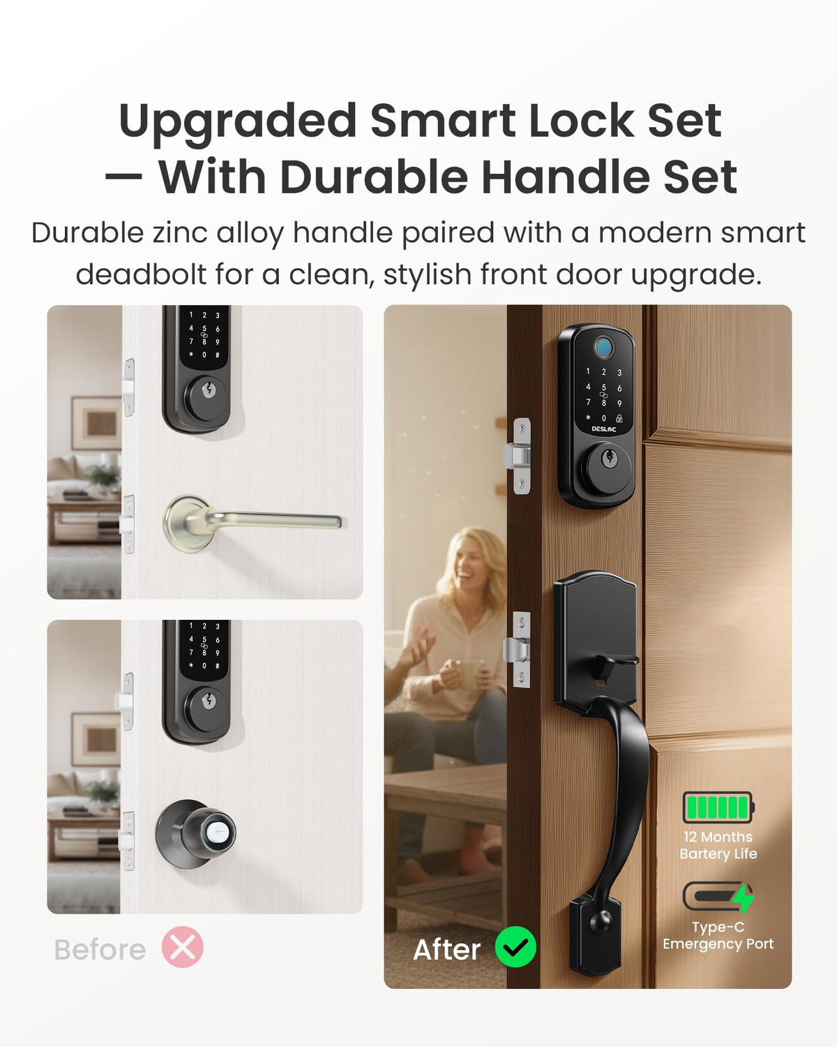 DESLOC B200 Smart Front Door Lock Handle Set, Fingerprint & App Control