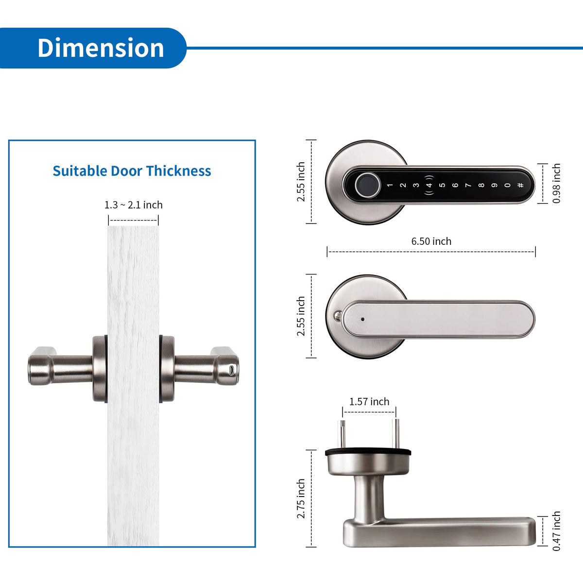 Fingerprint Door Handle - Keyless Entry, Biometric Smart Door Lock with WiFi Connectivity - Satin Nickel