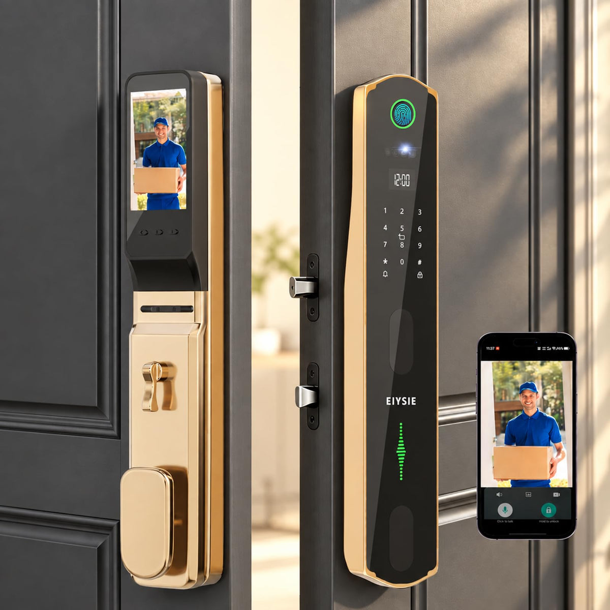 EIYSIE WiFi Front Door Lock, Smart Deadbolt with Camera & Doorbell, Gold