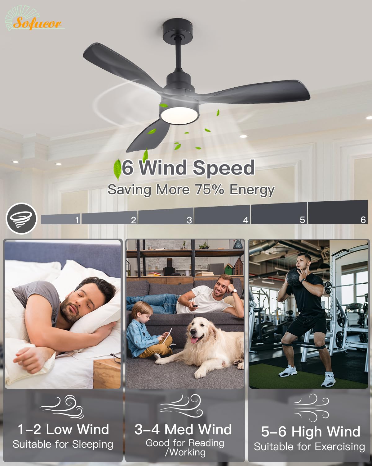 Sofucor 48 Inch Smart Wood Ceiling Fans with Lights, Flush/Downrod Mount