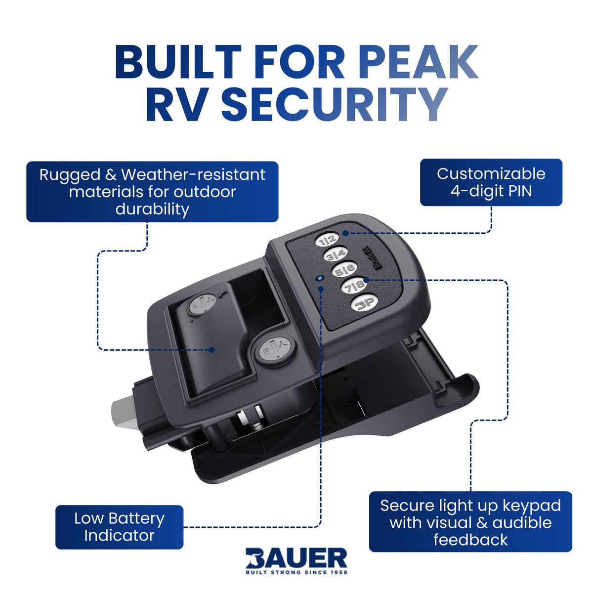Bauer NE Bluetooth Keyless Entry Door Lock with Handle, Close Field Technology, Essential Camper Must Haves, Secure Trailer, Durable RV Door Latch, Convenient RV Lock Keyless Entry