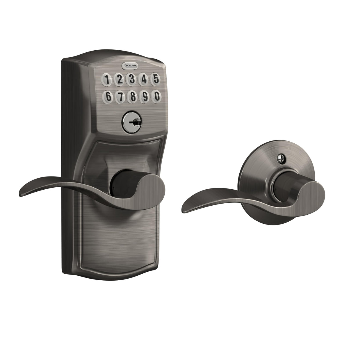 Schlage Electronic Keypad Lock, Lever Handle, Camelot Trim, Satin Chrome