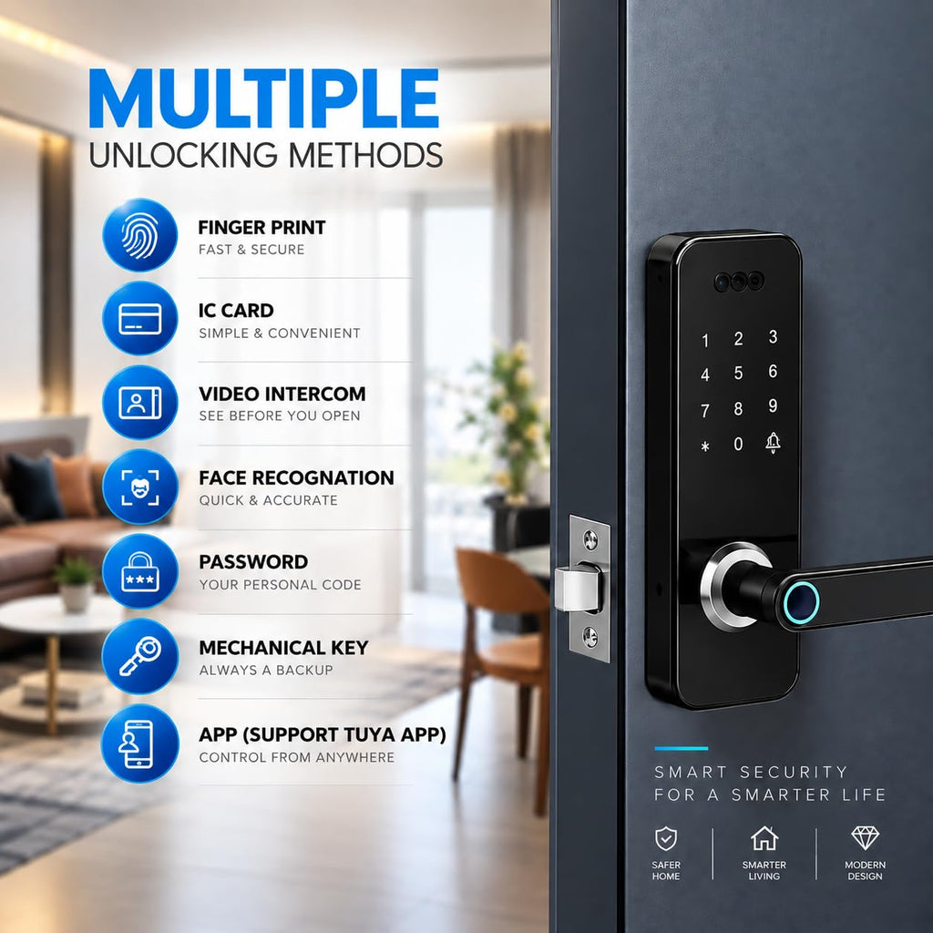 3D Face Recognition Smart Door Lock with HD Camera: Keyless Entry, Fingerprint, Passcode, IC Card, Key, Tuya App, Doorbell, Auto-Lock Deadbolt for Front Door, DIY Installation