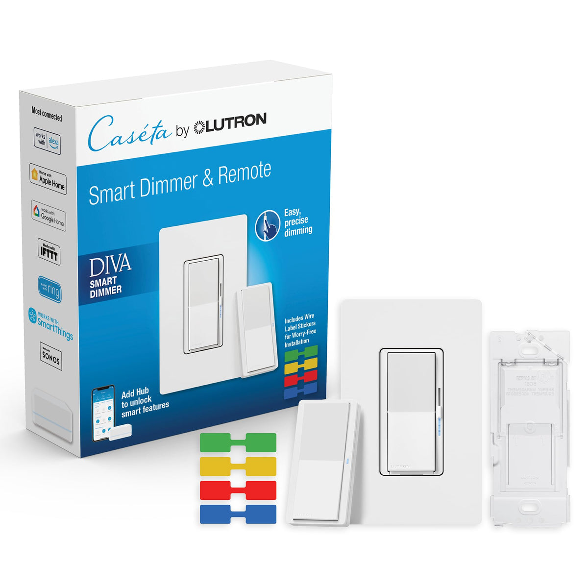 Lutron Caseta Diva Smart Dimmer Starter Kit; Dimmer, Hub, Remote, & More