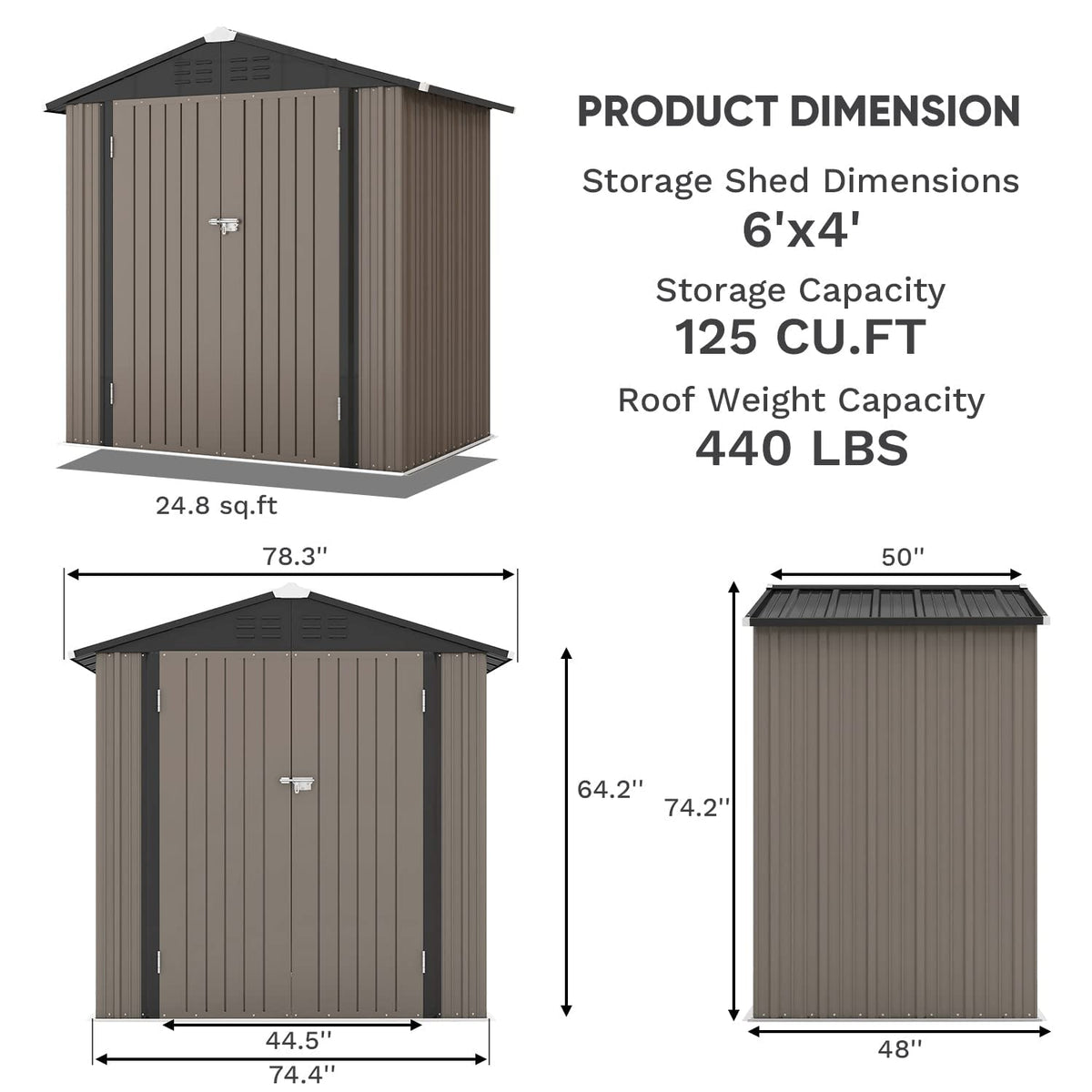 Patiowell 6x4 FT Outdoor Storage Shed, Metal Storage Sheds, Brown