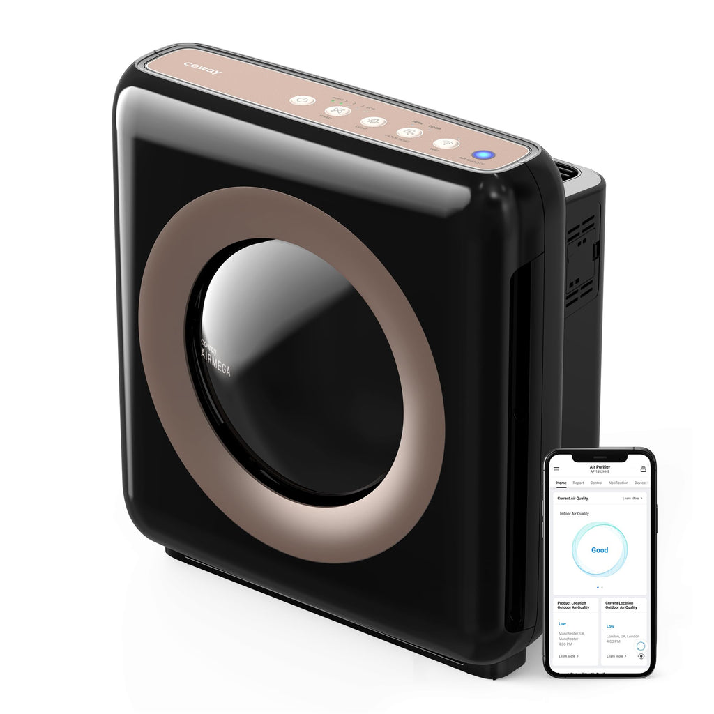COWAY Air Purifier for Home Up to 1,575ft², App-Enabled Smart Technology, Compatible with Amazon Alexa, HEPA Filter for Smoke, Allergies, Odor, Auto Mode, Airmega AP-1512HHS Black