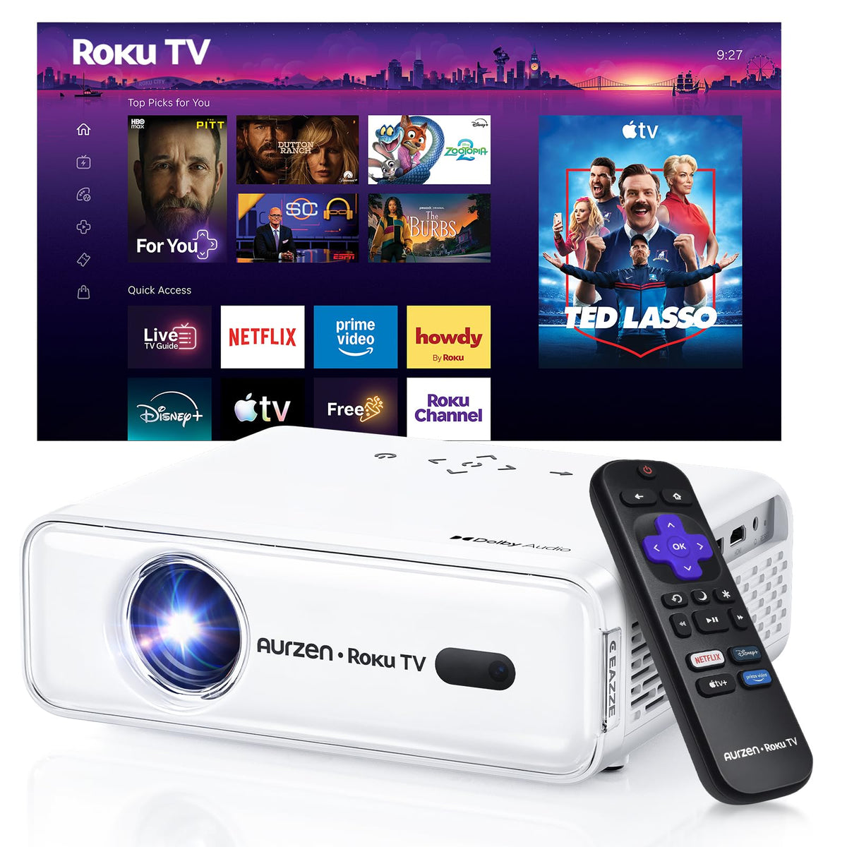 Aurzen Roku TV D1R Smart Portable Outdoor Projector with WiFi and Bluetooth