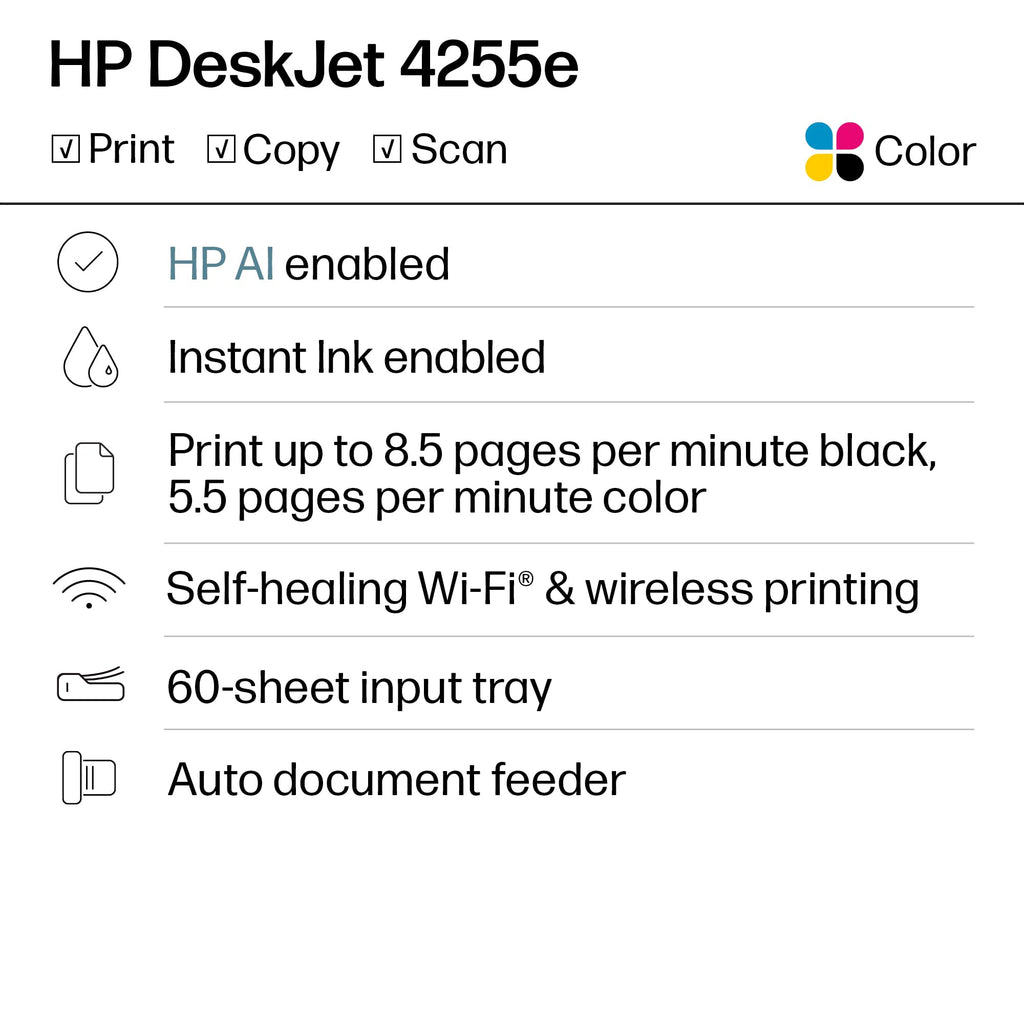 HP DeskJet 4255e Color Inkjet Printer | Wireless | All-in-One