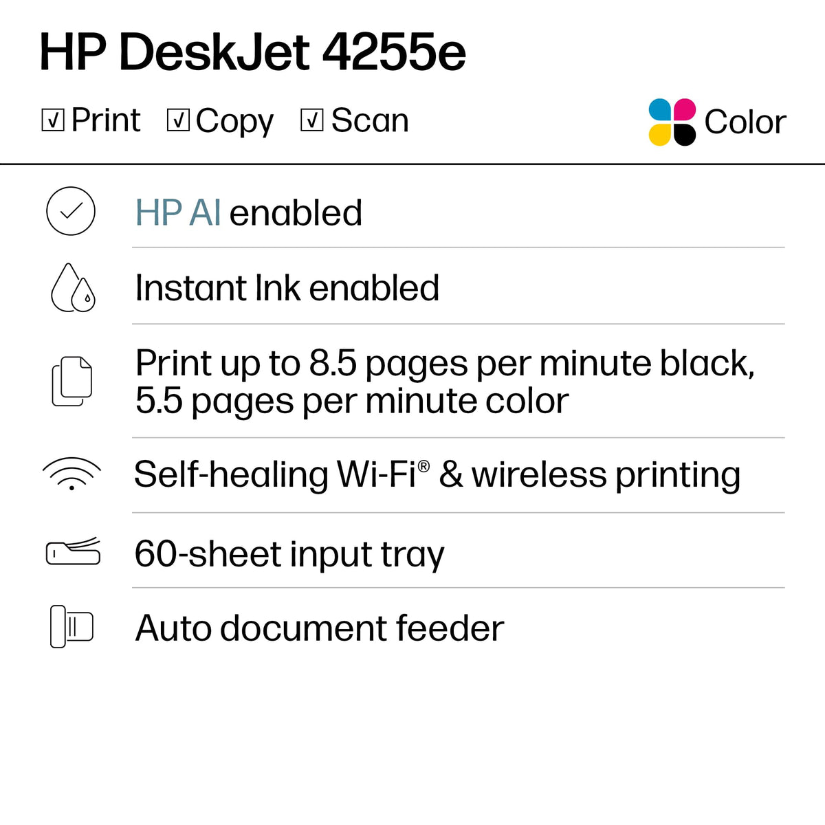 HP DeskJet 4255e Color Inkjet Printer | Wireless | All-in-One