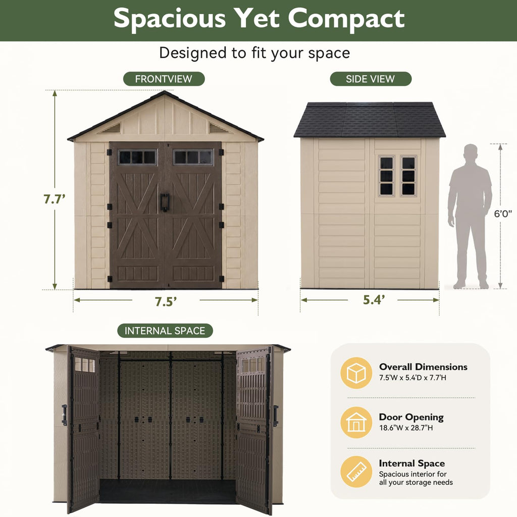 Aoxun 8x6 Ft Outdoor Storage Shed with Floor, Large Resin Outdoor Shed with Lockable Door & Windows, Garden HDPE Sheds for Lawn Tools, Pool Supplies & Bikes