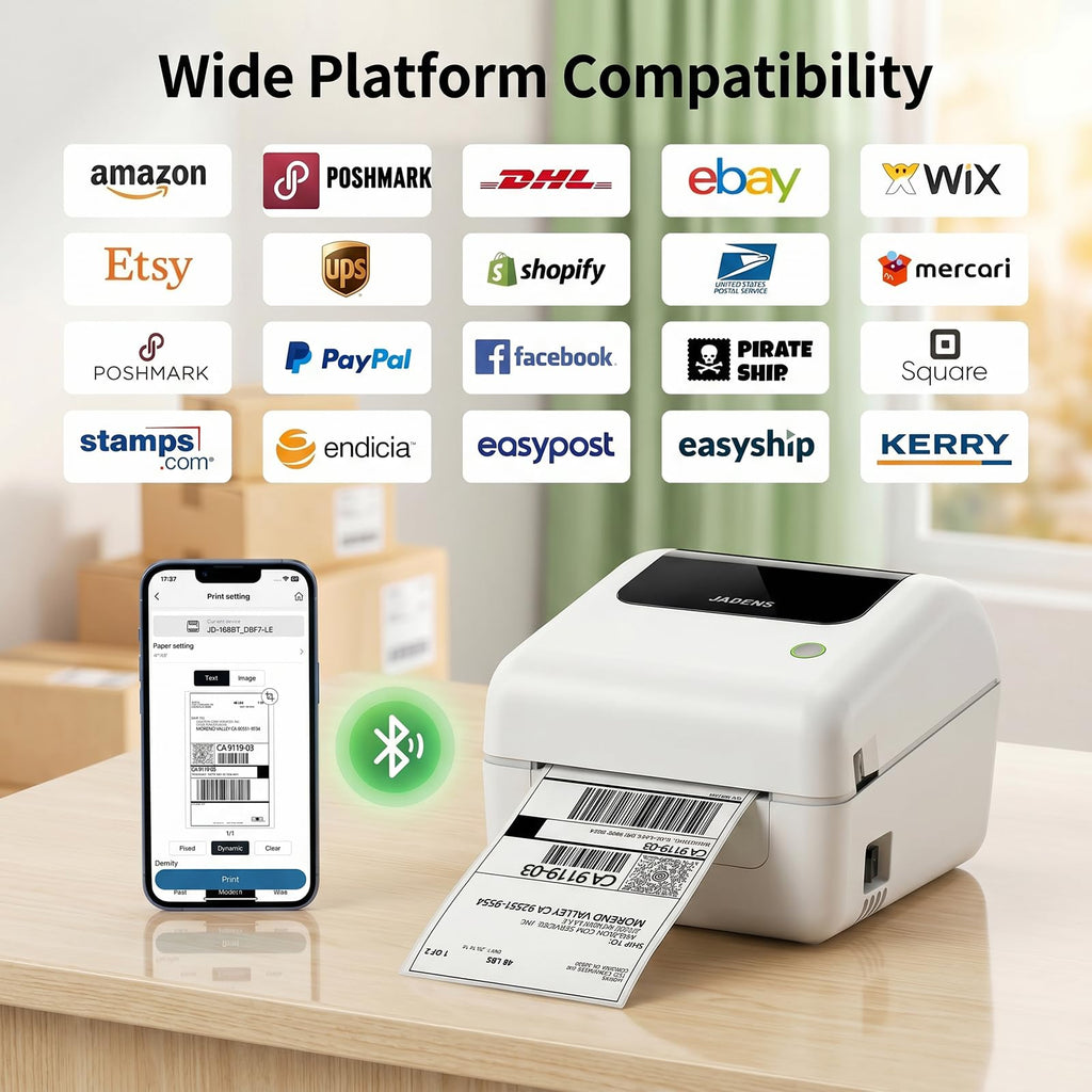 Bluetooth Thermal Shipping Label Printer with Built-in Label Bin, Wireless 4x6 Label Printer for iPhone, Android, Windows & Mac, Includes 50 Labels, Works with USPS, UPS, Amazon, Etsy, Shopify, White
