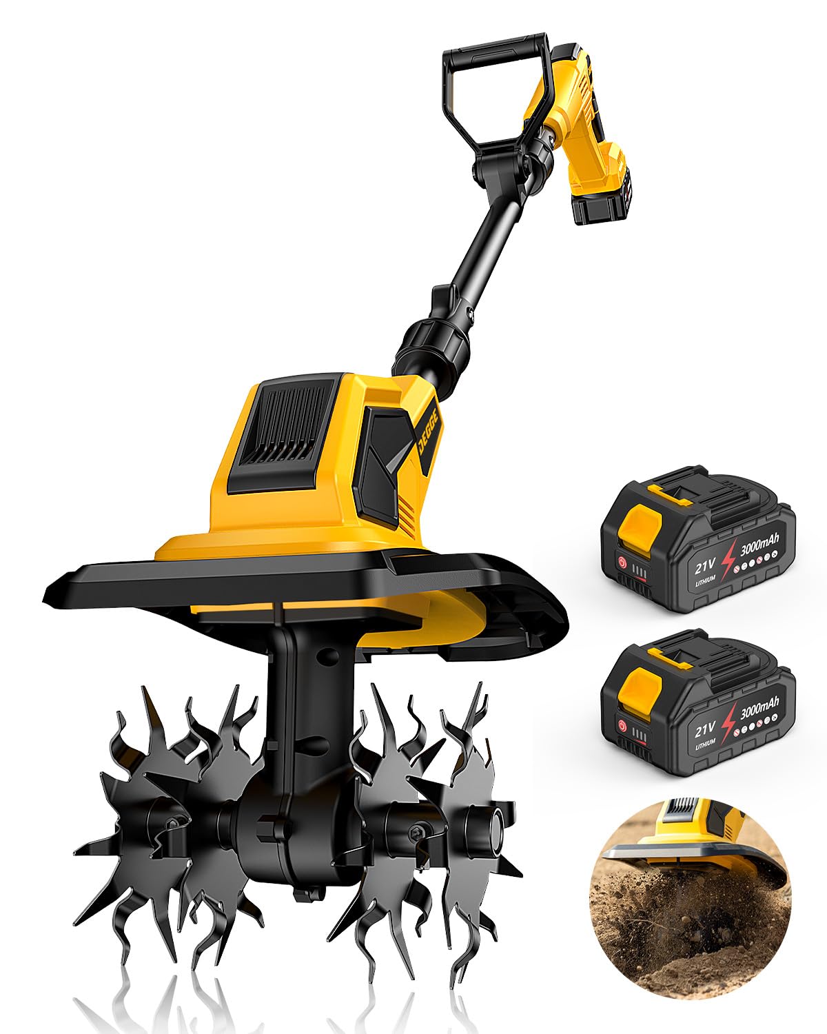 DEGGE 21V Cordless Tiller Cultivator, Electric Tiller for Gardening & Lawn