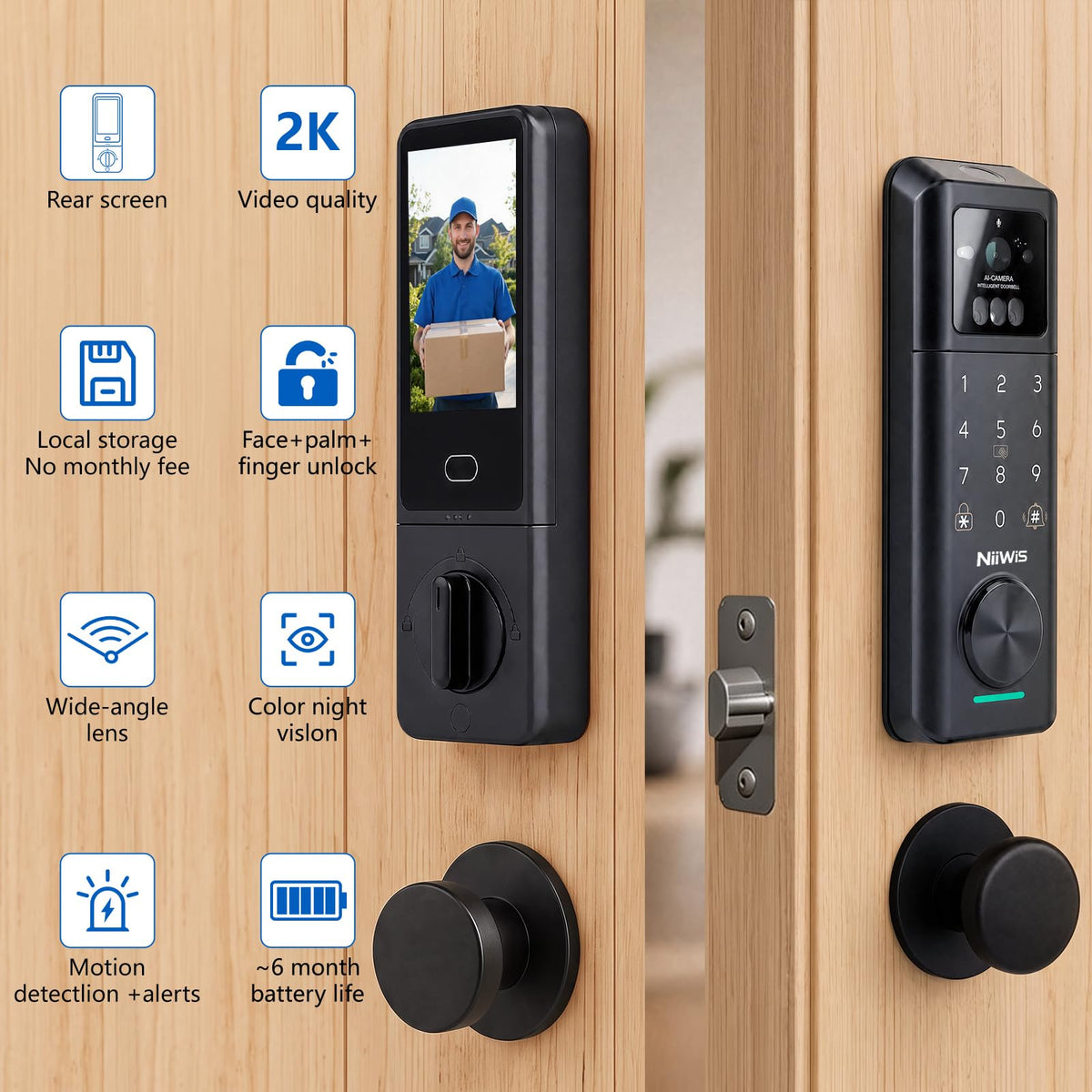 NIIWIS S9MAX Security Smart Lock with Camera 2K, Facial Recognition,Rear Screen,32gb Local Storage,APP Remote Control, Fingerprint&Voice Unlock,keyless Entry Front Door Lock,Color Night Vision