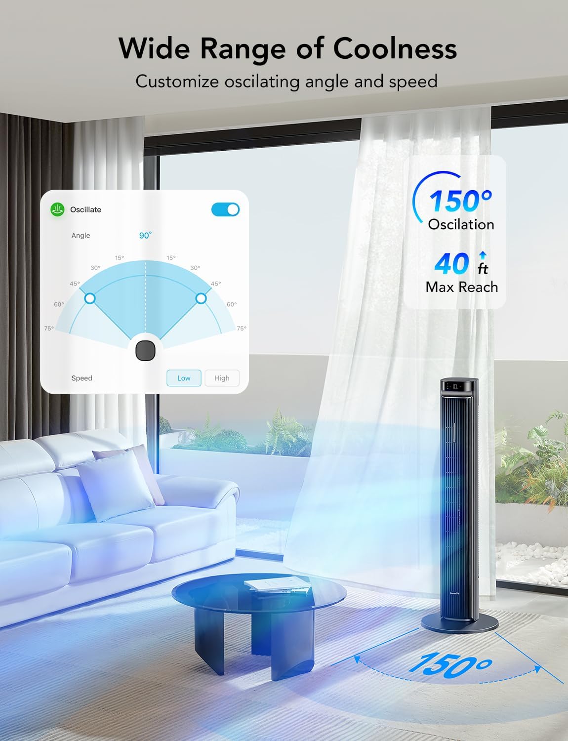 GoveeLife 42 in. Tower Fan, 150 Deg Oscillation, 5 Modes 12 Speeds, Silver
