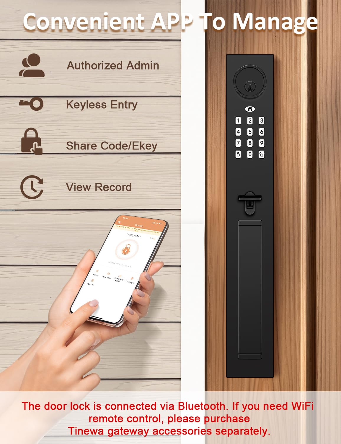Keyless Entry Door Lock with Lever, Full Escutcheon Smart Door Handle, Digital Keypad Deadbolt with App, Front Door Handleset with Single Cylinder Deadbolt and Lever, Auto Locking, Black Finish