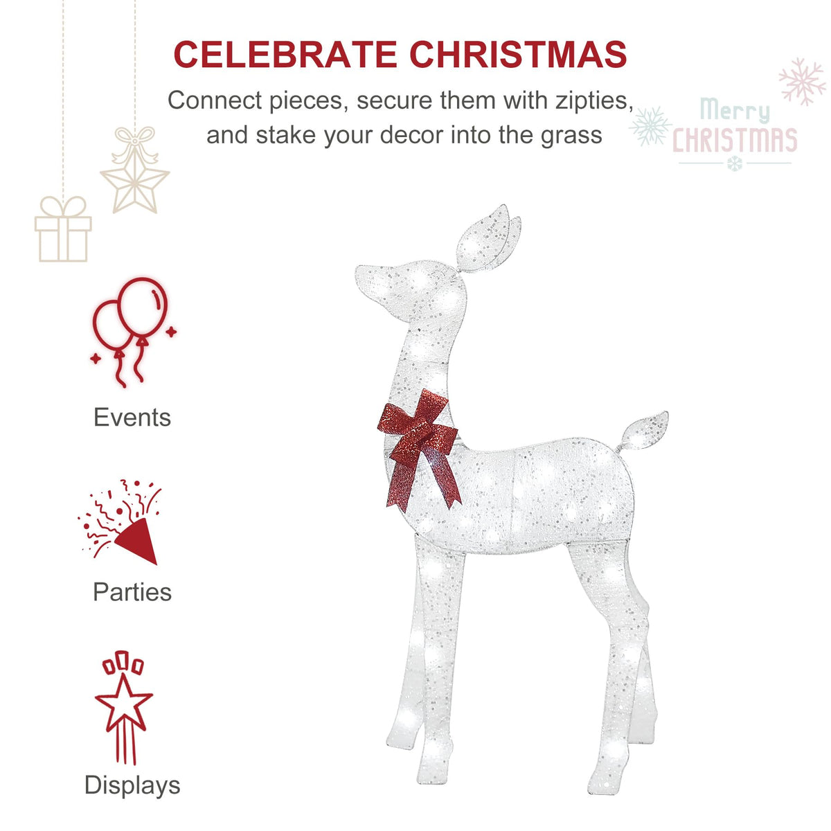 5 FT Oversized Christmas Decorations Outdoor Lighted Reindeer – 3-Piece 2D Deer Family Set with 160 Warm White LED Lights for Yard, Lawn, Garden & Porch Holiday Display - White