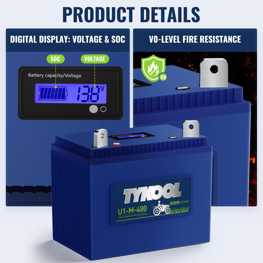 TYKOOL 480CCA, Group U1 Lithium LiFePO4 Lawn Mower Battery,Garden Tractor Battery, Fits for Ride on Lawn Tractor and Mower,Compatible with John Deere,Cub Cadet,Craftsman,Troy-Bilt Mower, and Generator