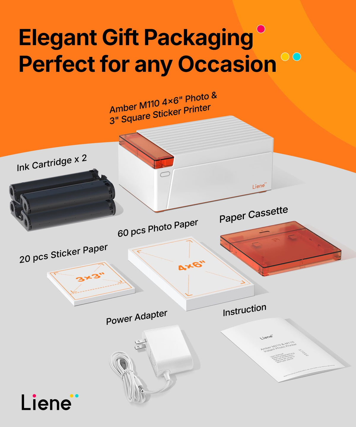 Liene Amber M110 Bluetooth Portable Photo Printer for iPhone, Thermal Dye Sublimation, Includes 80 Sheets, 60 4x6 Inch Sheets, 20 3 Inch Square Sticker Sheets and 2 Cartridges