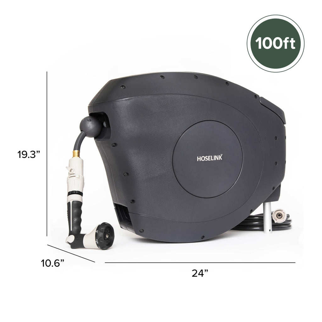 HOSELINK Classic Charcoal 100ft Automatic Retractable Garden Hose Reel, 1/2" UV-Stabilized Kink-Free Hose, Wall Mounted Complete Watering Solution for Backyard, Garden & Outdoor