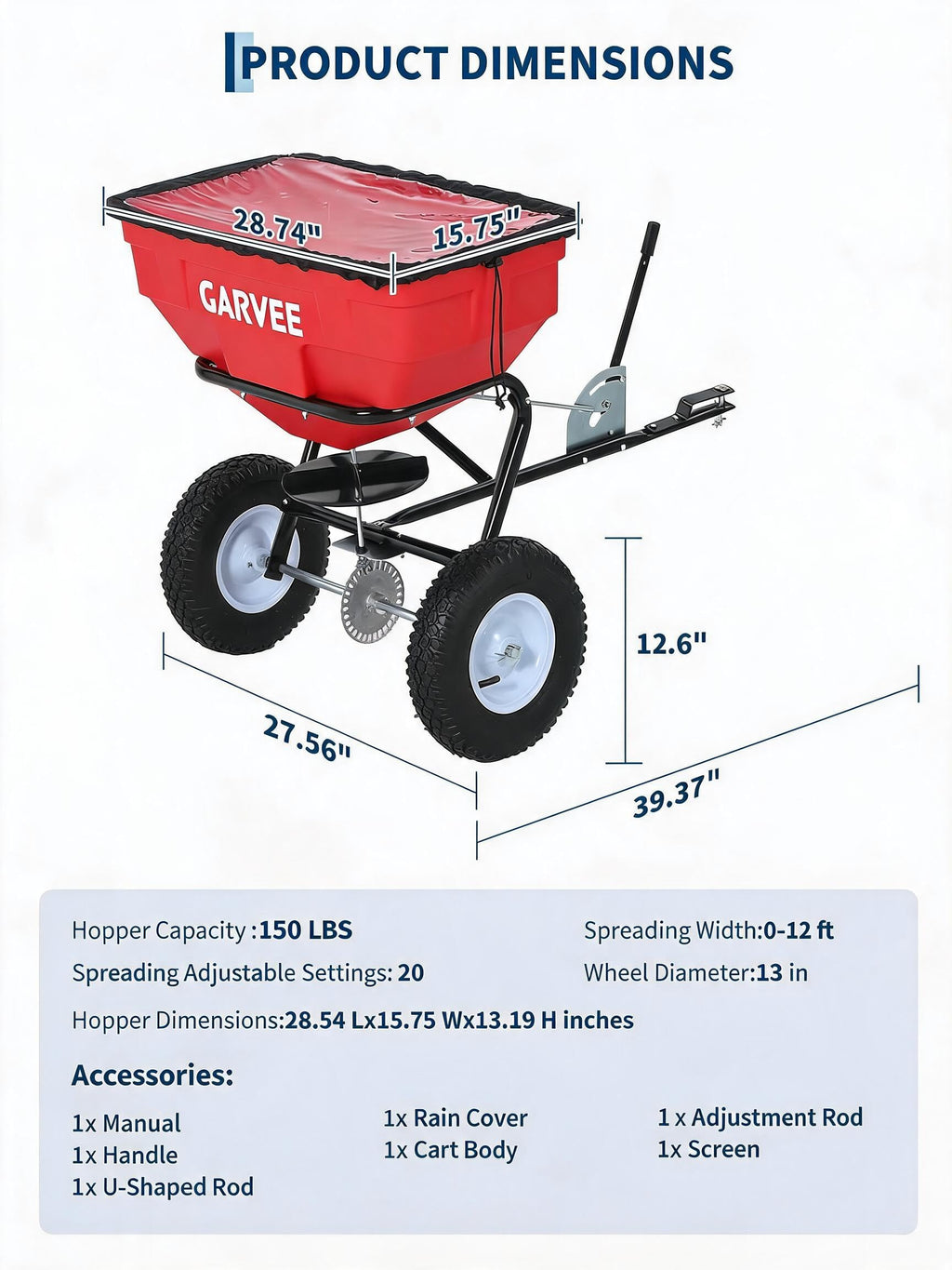 Tow Behind Broadcast Spreader, 130LBS, Universal Hooks Tow/Push Garden Spreader for UTV, ATV, 30 Adjustable Settings, 9.8 ft Spreading Width, Lawn Spreader for Seed, Fertilizer, Salt, Ice Melt