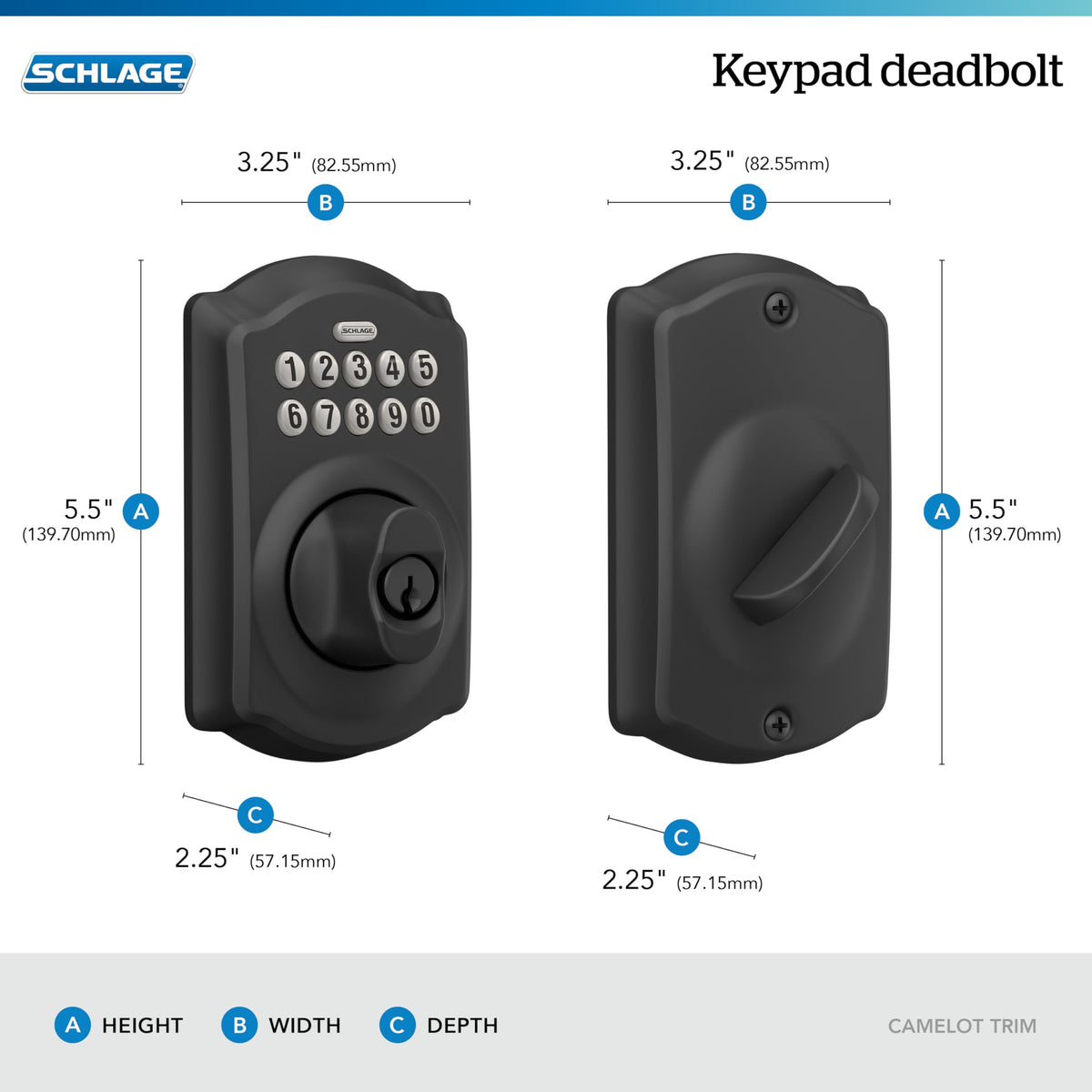 Schlage Electronic Keypad Deadbolt Lock, Camelot Trim, Matte Black
