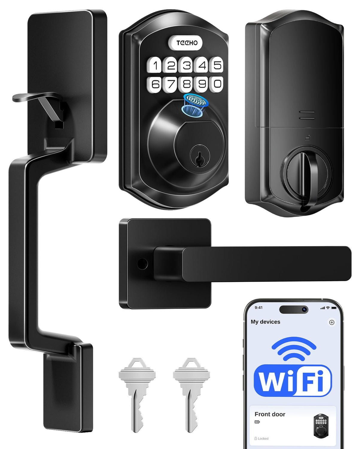 TEEHO TE012W-H WiFi Fingerprint Door Locks for Front Door, Satin Nickel