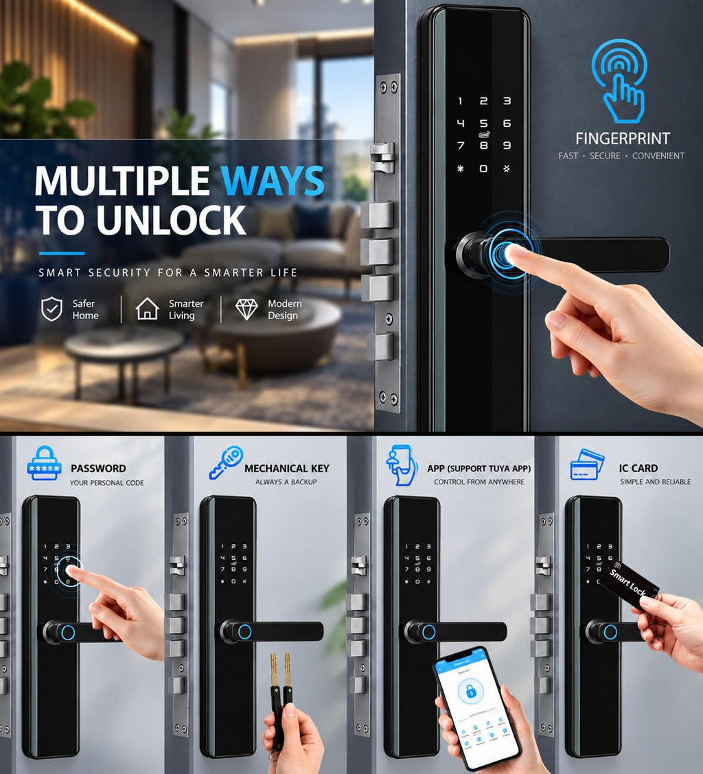 Smart Door Lock with Handle – Keyless Entry Deadbolt with Fingerprint, Touchscreen Keypad, Tuya App Control, Passcode & Key, Doorbell, Auto Lock Electronic Front Door Lock for Home Security, Black