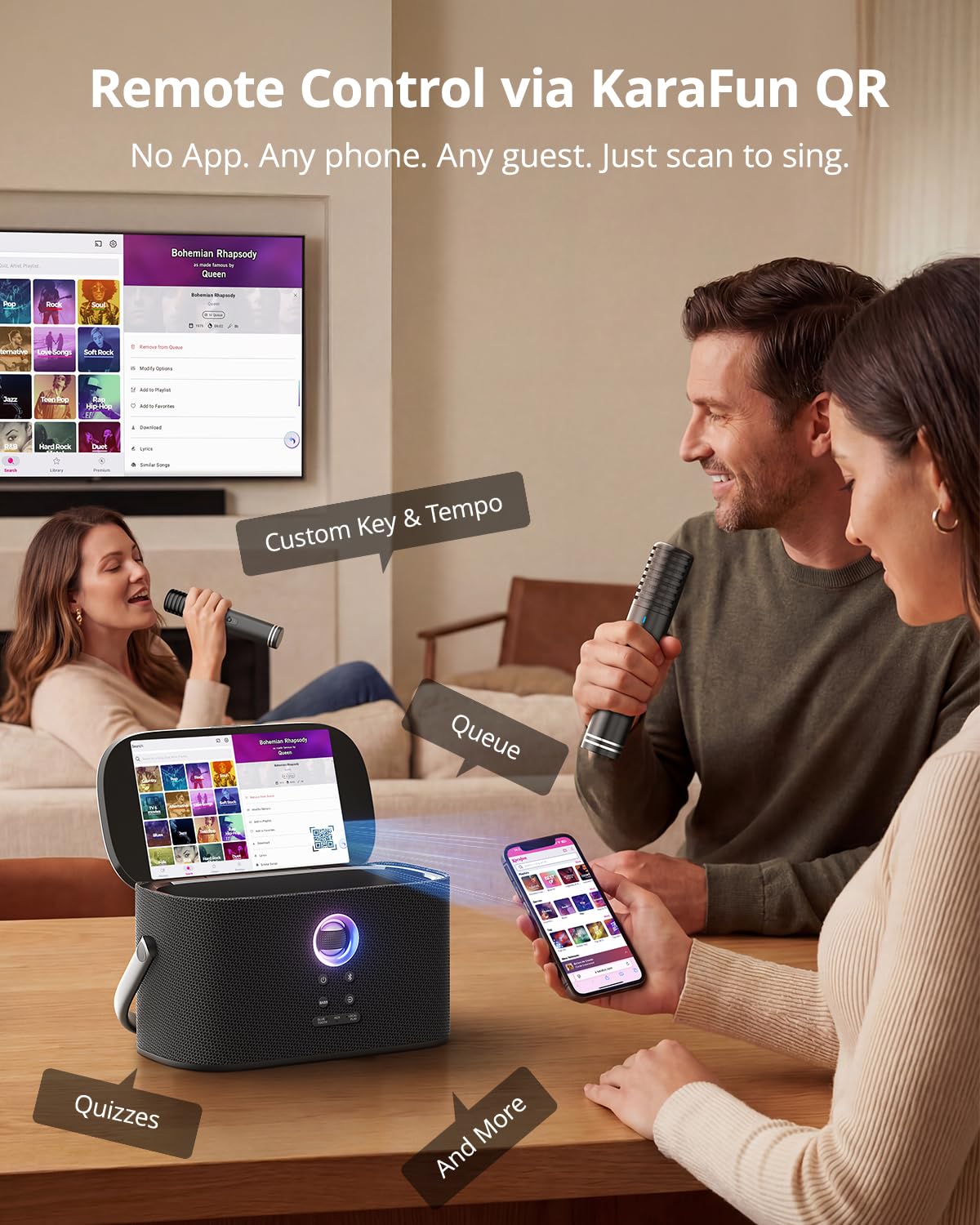 Ikarao Portable Karaoke Machine for Adults, Built-in Lyrics Display and Screen, 2 Self-Charging Wireless Microphones, Karaoke App, 140W Speaker, Connects to TV for Home Party Birthday Outdoor Camping