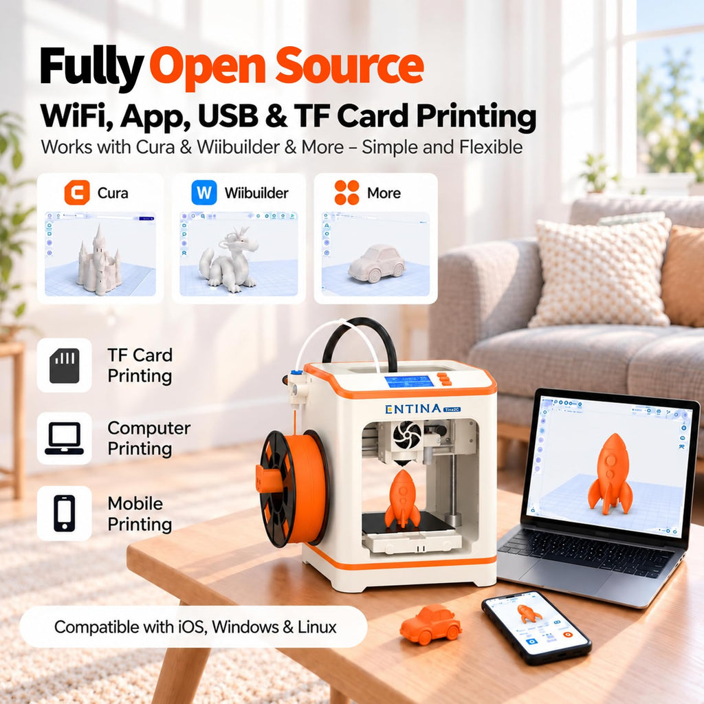 Entina Tina2C 3D Printer for Beginners & Kids, Fully Assembled Mini 3D Printer, 5-Minute Setup, Auto Leveling, WiFi & App Control, 3500+ Models, 25+ DIY Projects, Quiet Printing for Home & STEM