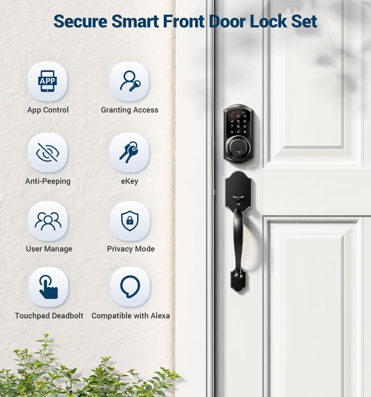 Veise VE06-H Smart Front Door Lock Handle Set, App Control, Matte Black