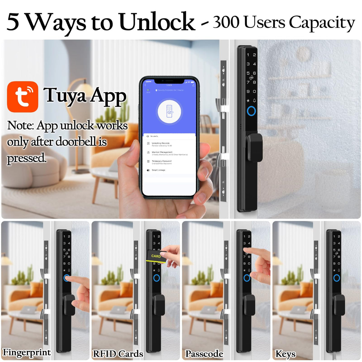 Fingerprint Slim Keypad Sliding Glass Patio Door Lock 2085 Hook Latch Tuya