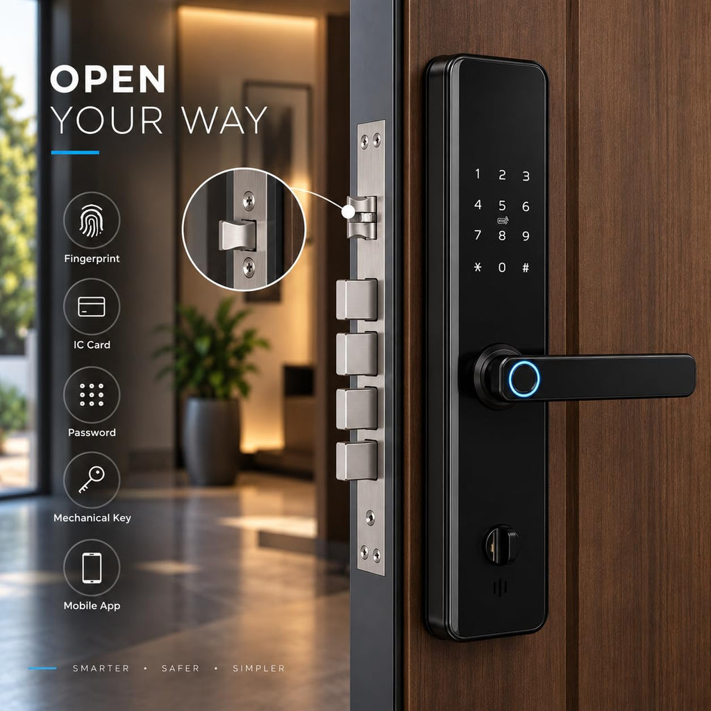 Smart Door Lock with Handle – Keyless Entry Deadbolt with Fingerprint, Touchscreen Keypad, Tuya App Control, Passcode & Key, Doorbell, Auto Lock Electronic Front Door Lock for Home Security, Black