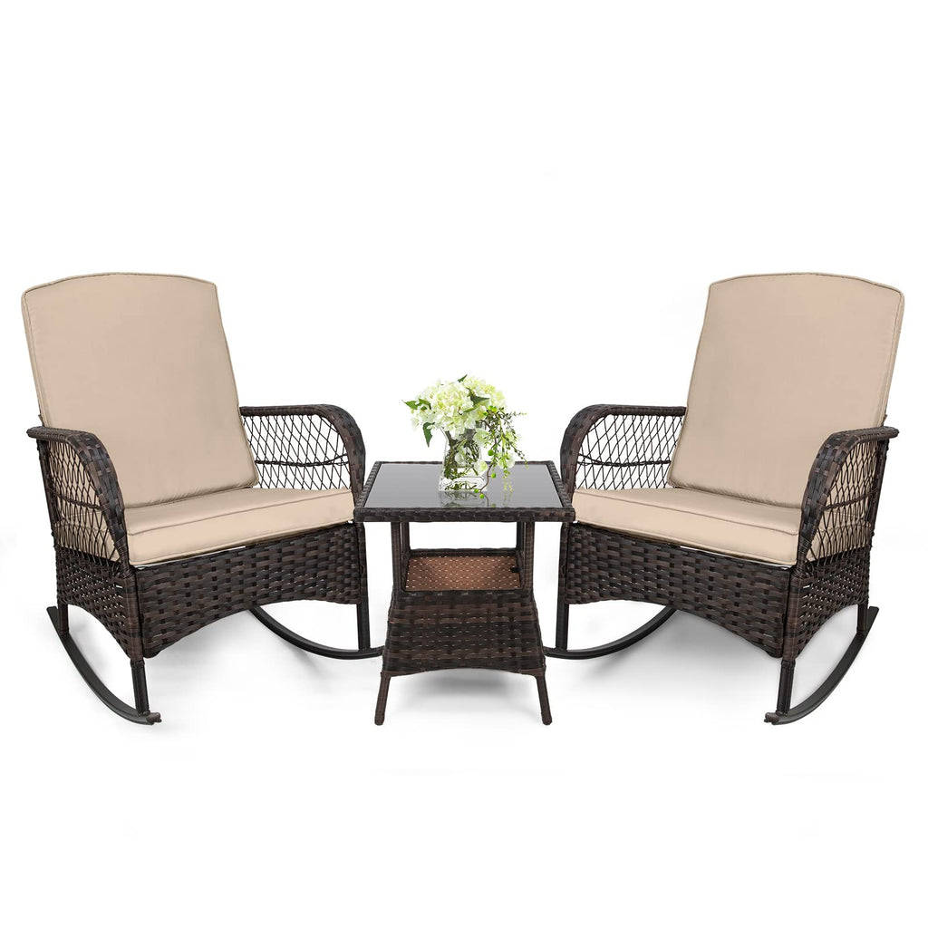 3 pcs Rocking Bistro Set Conversation Chairs PE Wicker Outdoor Rocking Chairs & Glass Table,for Porch Lawn Garden Backyard Deck(Rocking Set,Khaki)