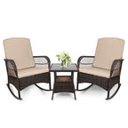 3 pcs Rocking Bistro Set Conversation Chairs PE Wicker Outdoor Rocking Chairs & Glass Table,for Porch Lawn Garden Backyard Deck(Rocking Set,Khaki)