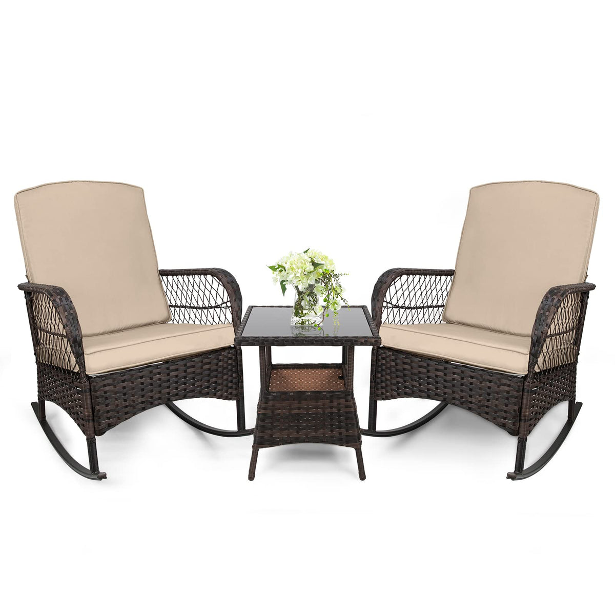3 pcs Rocking Bistro Set Conversation Chairs PE Wicker Outdoor Rocking Chairs & Glass Table,for Porch Lawn Garden Backyard Deck(Rocking Set,Khaki)