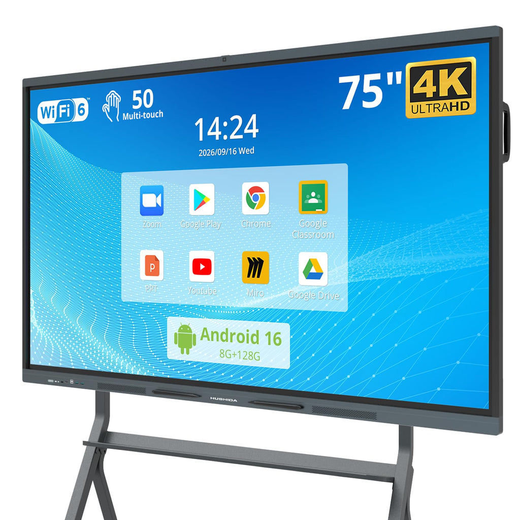 75" AI Pro Smart Board for Classroom & Office, Android 16 & Win 11 16G RAM+256G ROM, 48MP Camera Build in 4K UHD Interactive Whiteboard with Touchscreen & 8 Mic Array,Electronic Whiteboard for Meeting