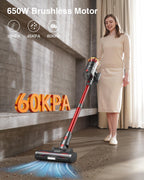 Cordless Vacuum Cleaner, 650W/60KPa 70Mins Vacuum Cleaners for Home, Self-Standing Stick Vacuum with Anti-Tangle Brush & OLED Touch Screen, Vacuum Cleaner for Hardwood Floors,Carpet,Pet Hair,Car (Red)