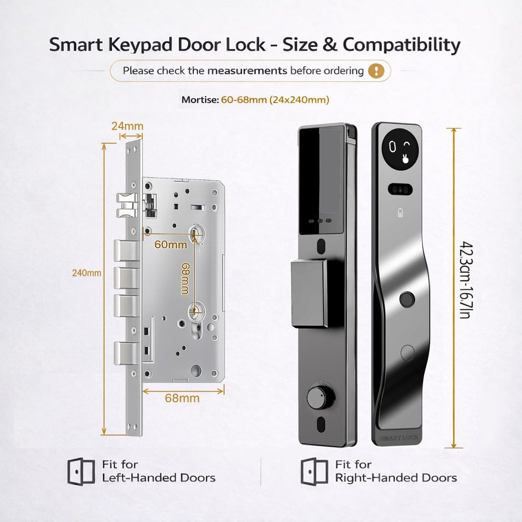 Zonixtec 3D Face Recognition Smart Lock with Camera, AI Palm Vine & Biometric Fingerprint Entry, Tuya App Remote Control, Digital Touchscreen Keypad, 6068 Mortise, Gray Aluminum Alloy