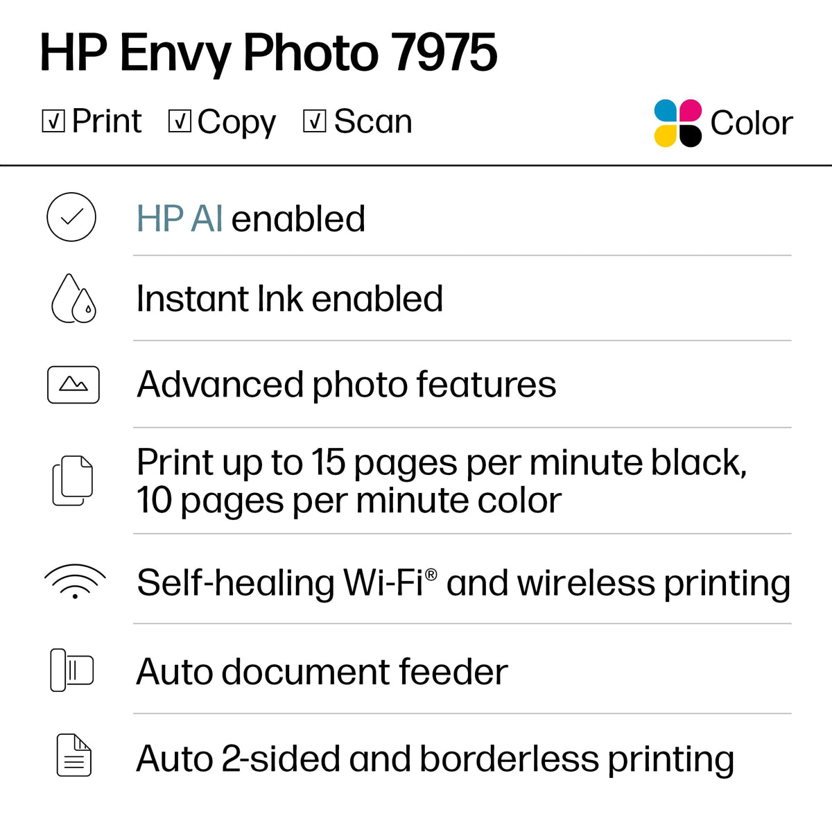 HP Envy Photo 7975 Wireless Color Inkjet Photo Printer, Print, scan, Copy, Easy Setup, Mobile Printing, Best-for-Home, 3 Month Instant Ink Trial Included, AI-Enabled (B63K3A)