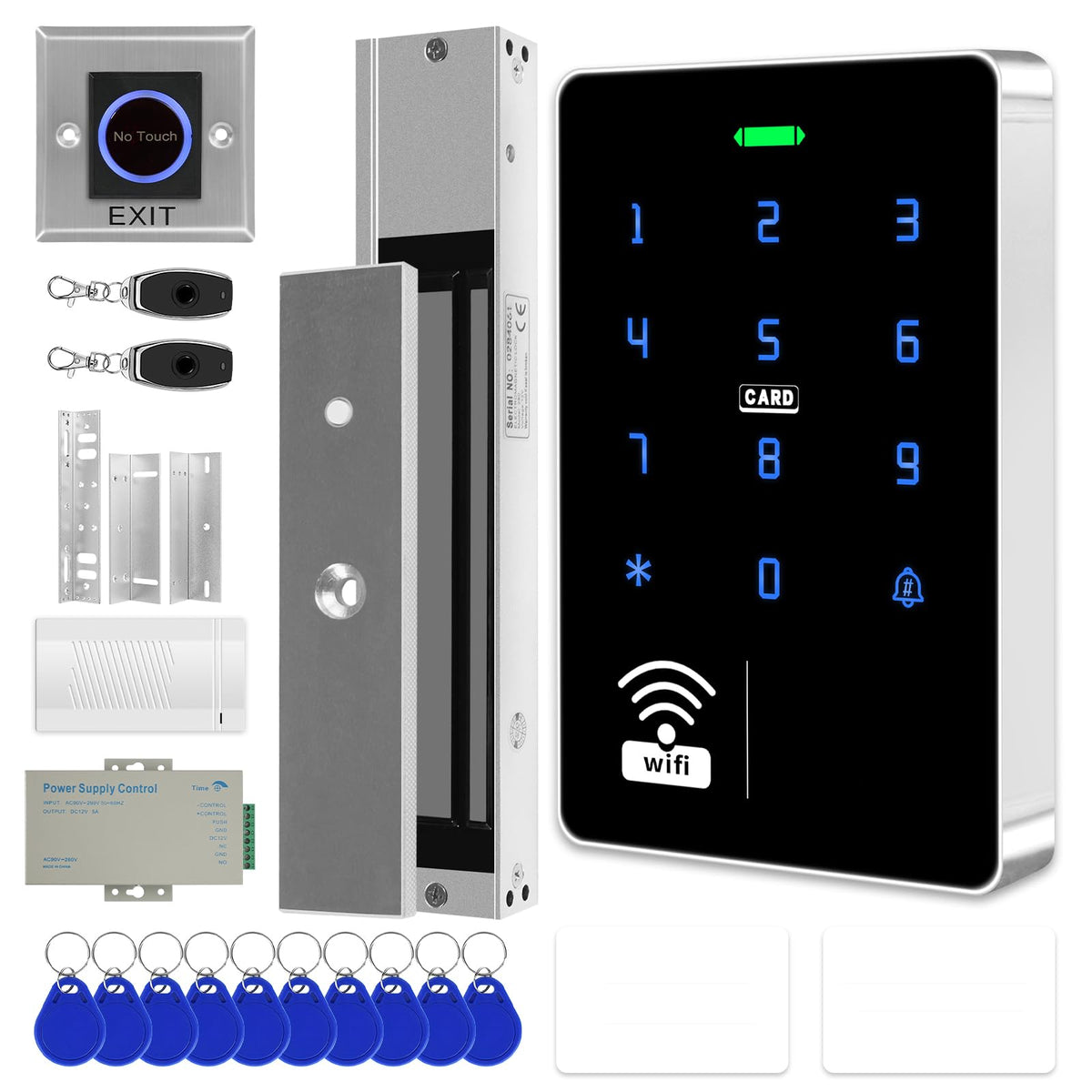 WiFi TUYA Complete Security Access System Kit with Waterproof RFID Touch Keypad Door Lock, Smart Remote Door Opener, App，600-Pound Electric Magnetic Lock + ZL, Metal Sensor Switch, Doorbel