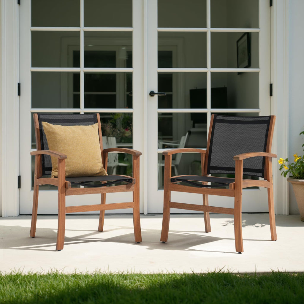 Acacia Wood Patio Dining Chairs Set (Black, 2 Pieces)