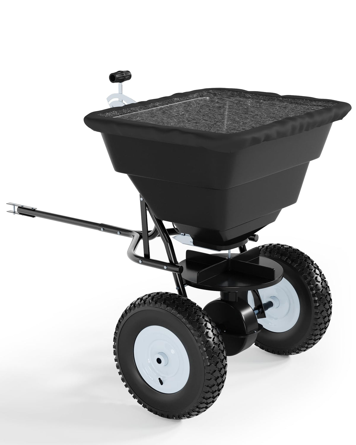 Heavy Duty 85 lbs Tow-Behind Broadcast Spreader – 10" Pneumatic Tires, Adjustable Movement Control – Steel Bucket & Frame