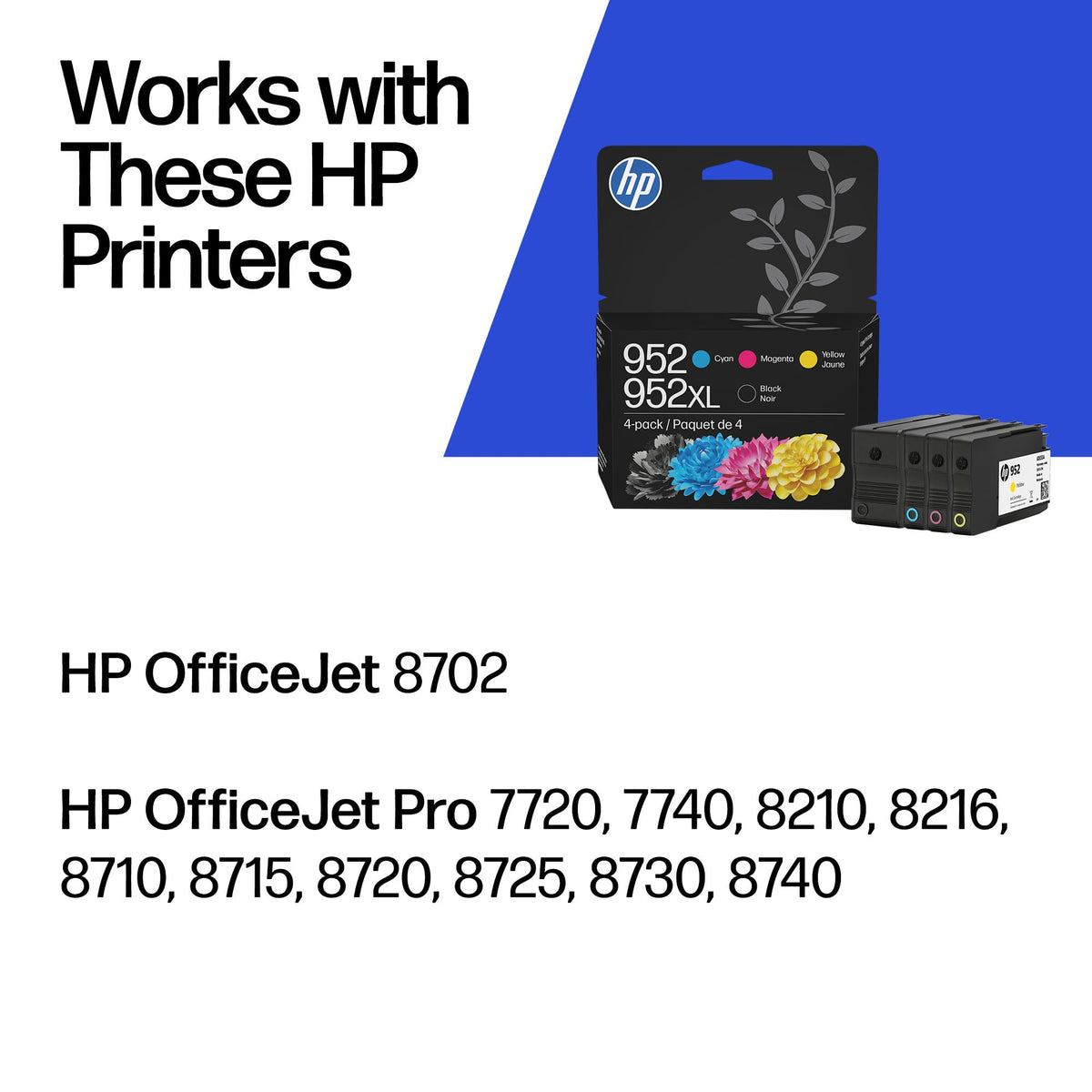 HP 952XL Black + 952 Cyan, Magenta, Yellow Ink | Works with Printer Series: OfficeJet 8702, OfficeJet Pro 7720, 7740, 8210, 8710, 8720, 8730, 8740 | N9K28AN